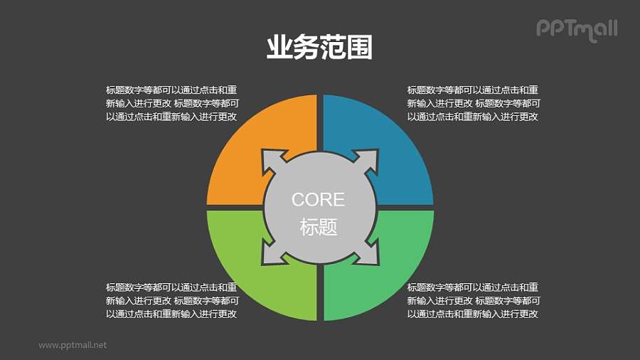 带箭头的4部分总分关系结构PPT素材下载