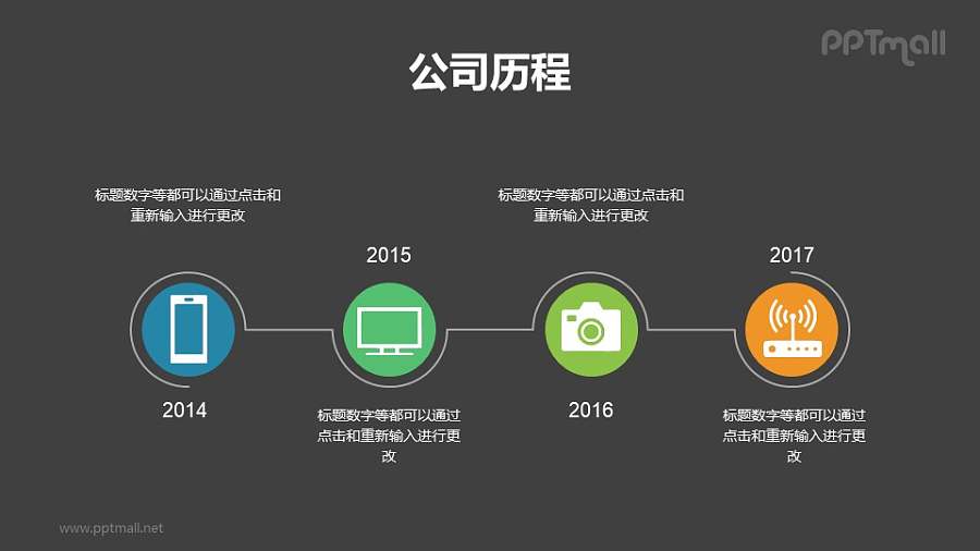 公司历程-横向带年份和icon的时间轴PPT素材下载