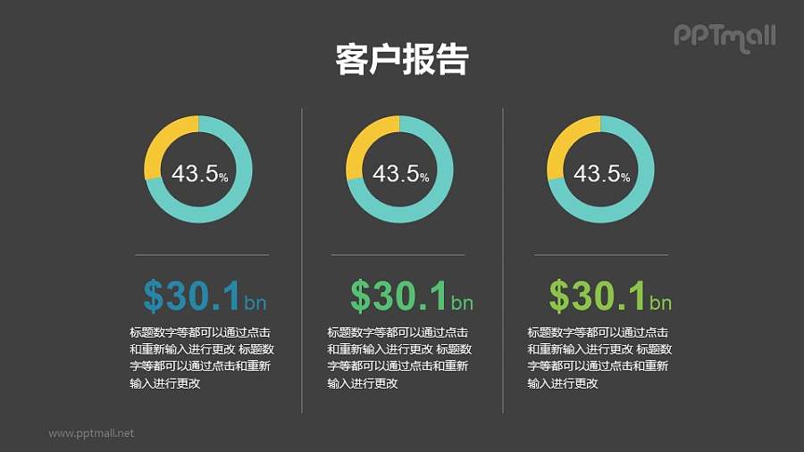 3组横向排列的圆环图PPT素材模板