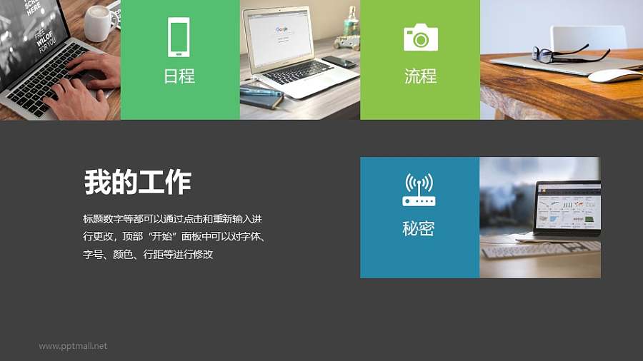 4张图片+正文的随意排版的PPT模板样式