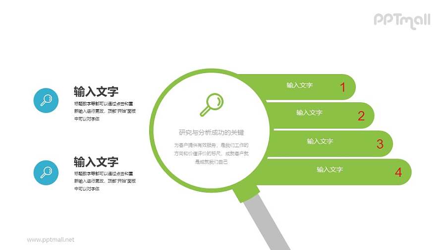 放大镜引申出来的4部分说明PPT素材下载