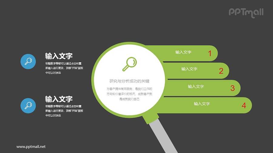 放大镜引申出来的4部分说明PPT素材下载