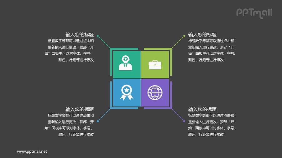 产品目标人群/荣誉/商务/全球化4部分说明PPT图示素材下载