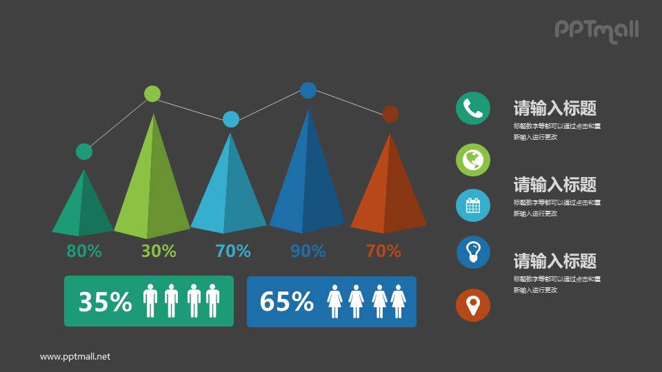 男女對(duì)比數(shù)據(jù)的小山柱狀圖PPT素材下載