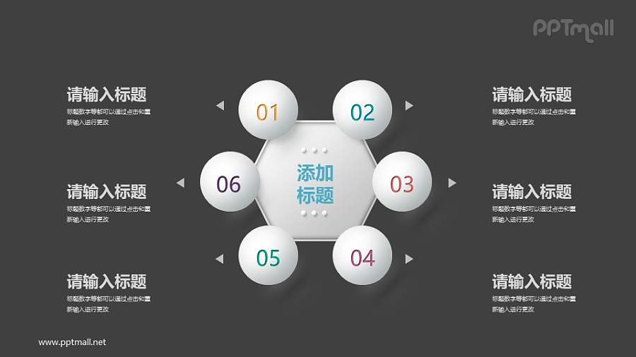 环绕六边形的圆形数字目录PPT素材下载