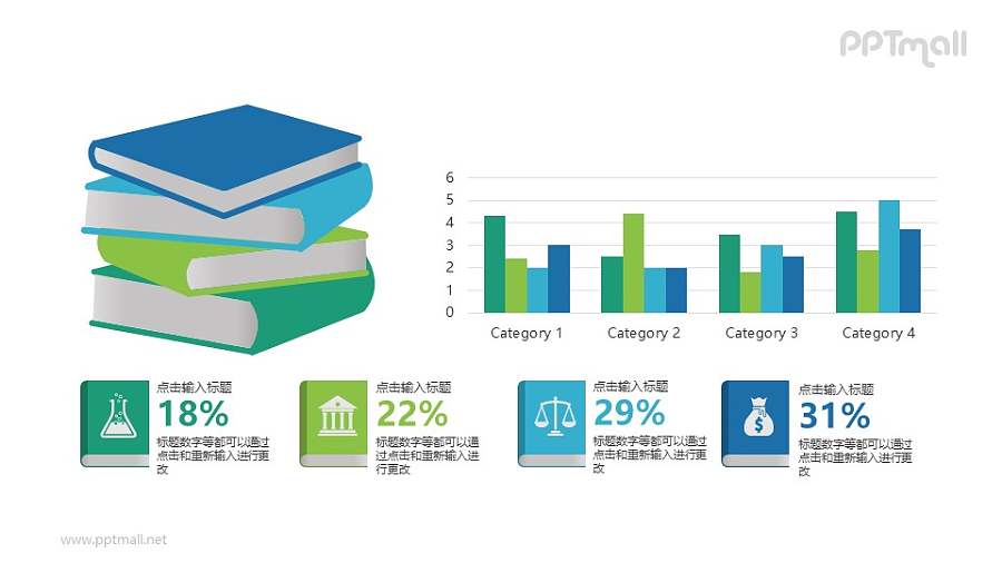一叠书本和柱状图排版组合PPT图示下载
