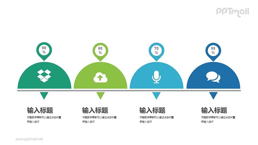 4个餐盘形状的图标+文字说明PPT图示下载