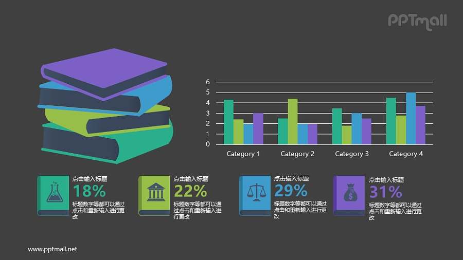 一叠书本和柱状图排版组合PPT图示下载