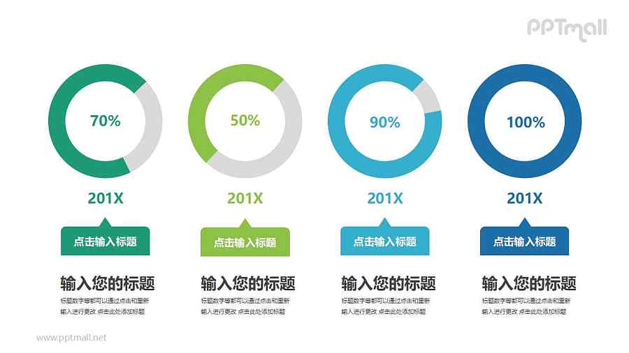 蓝绿色四个并列的百分比展示饼图PPT模板图示下载