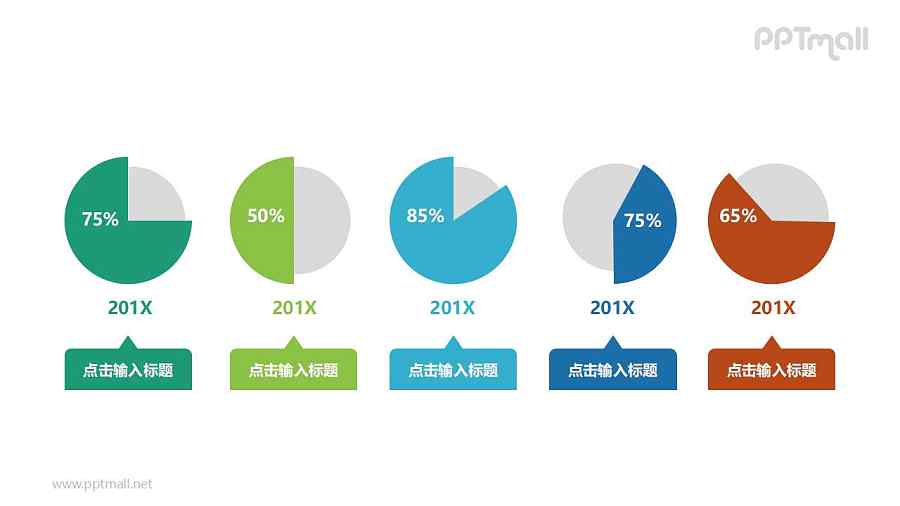 五个并列的百分比展示饼图PPT模板图示下载