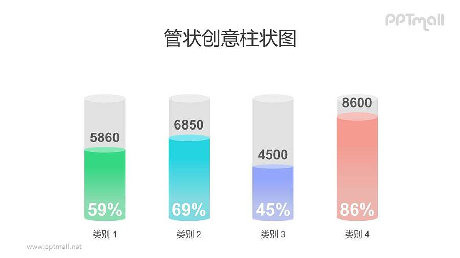 紫色半透明立体管状柱状图PPT模板素材下载