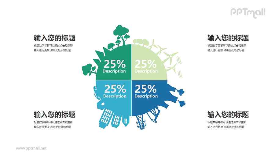 地球形状的饼图四部分对比关系PPT模板图示下载