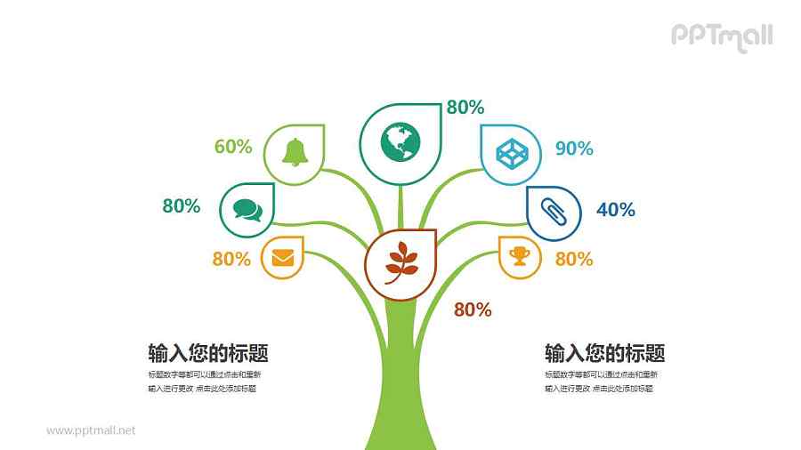 图标汇聚成的树百分比图文说明PPT模板图示下载