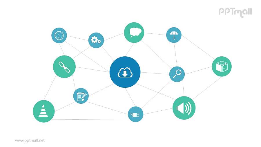 多组图标相互连接组成的关系网PPT模板图示下载