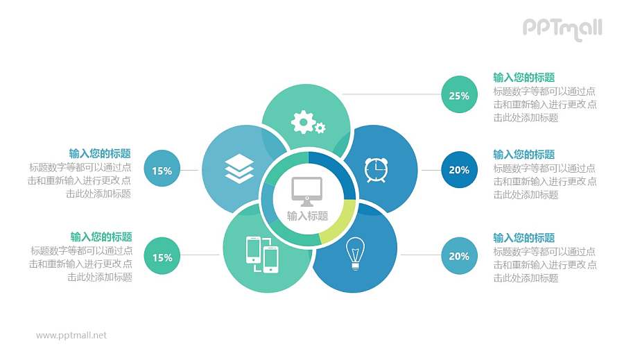 花瓣样式简单图标百分比对比关系的PPT模板图示下载