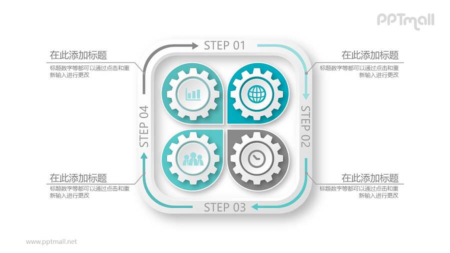 四个齿轮花瓣样式循环图PPT模板图示下载