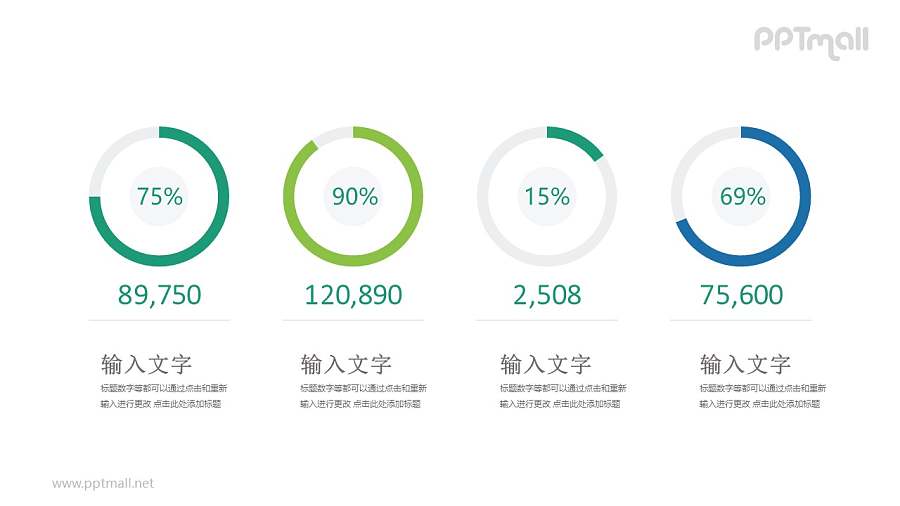 四个占比不同的饼图并列关系PPT模板图示下载