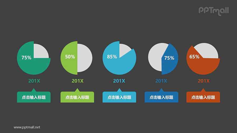 五个并列的百分比展示饼图PPT模板图示下载