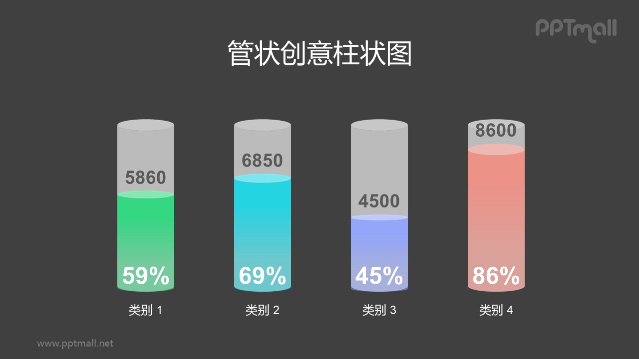 紫色半透明立體管狀柱狀圖PPT模板素材下載