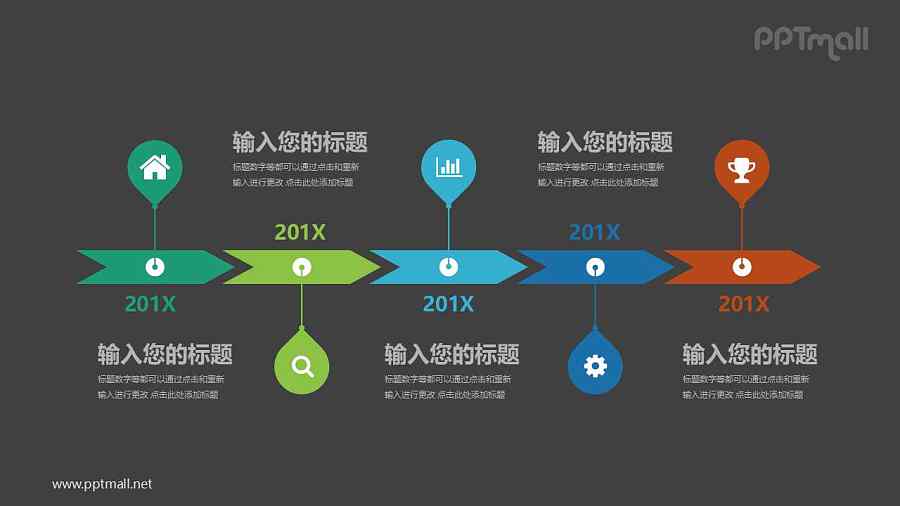 五个连续的箭头组成的时间轴PPT模板图示下载