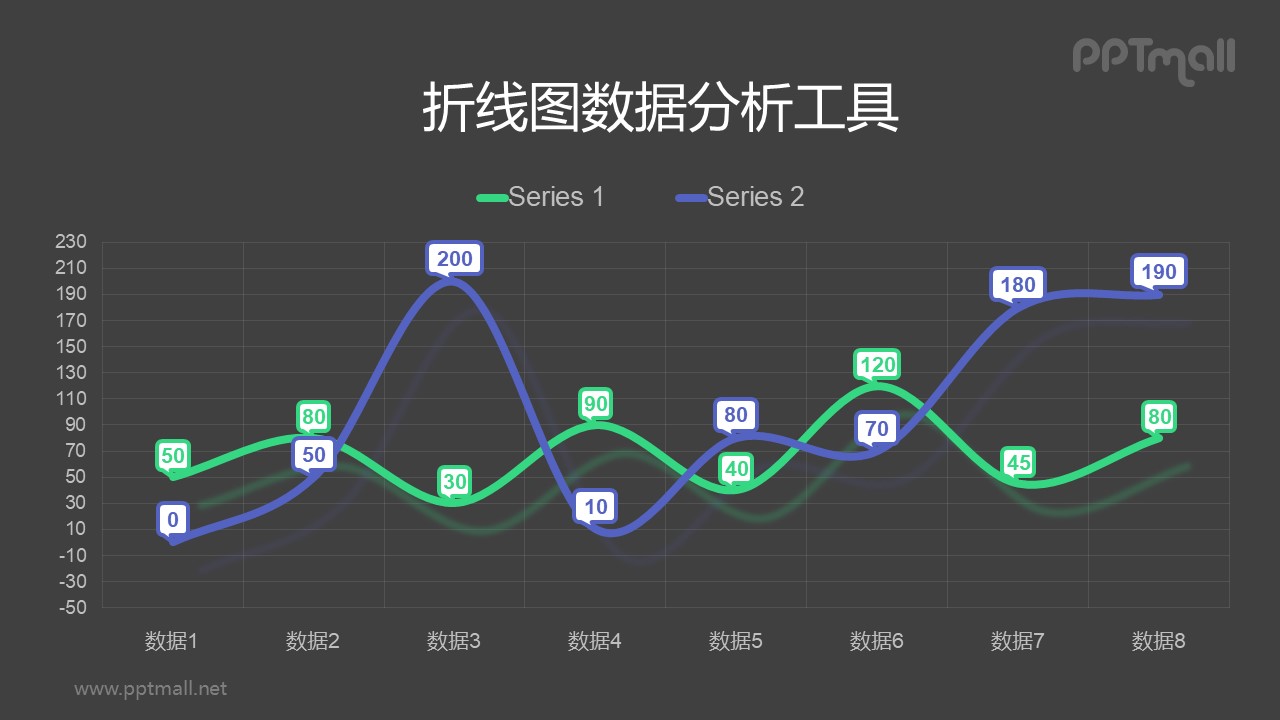 紫色和綠色帶氣泡標(biāo)記的平滑折線圖PPT素材下載