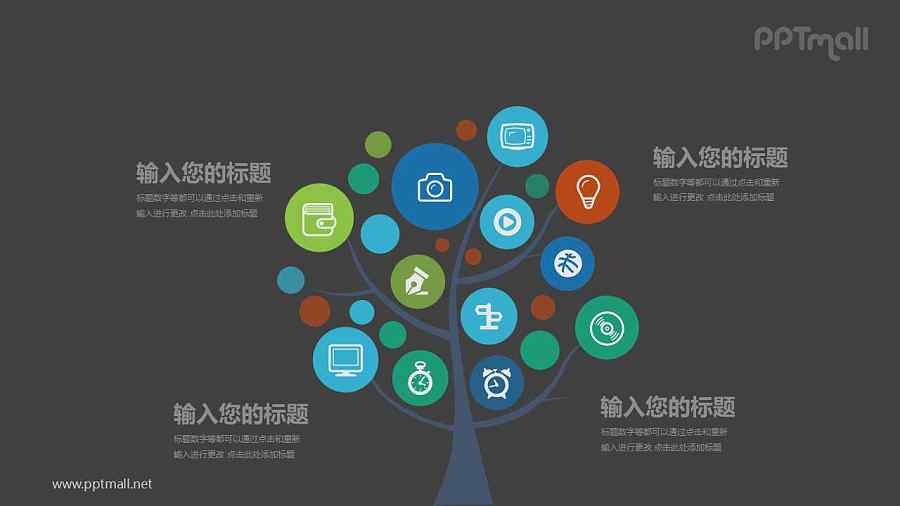 一棵树上挂满图标四部分文本说明PPT模板图示下载