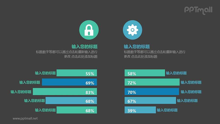 蓝绿两部分条形图百分比对比关系PPT模板图示下载