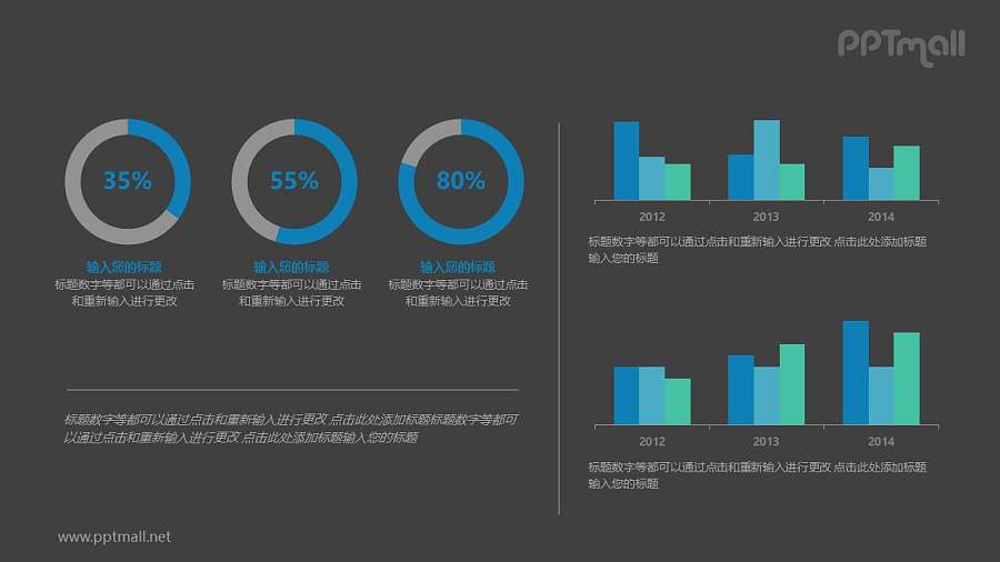 多个饼图柱状图数据分析文本说明PPT模板图示下载