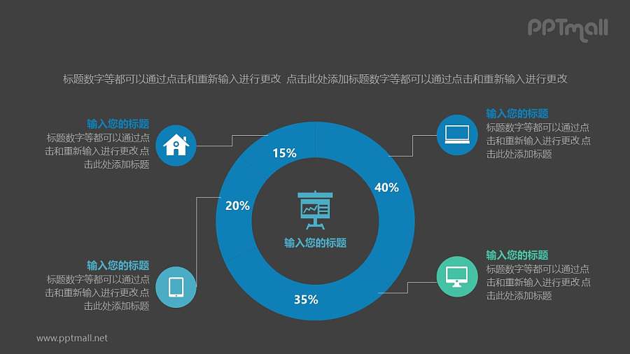 四部分带图标的饼状图百分比对比关系PPT模板图示下载