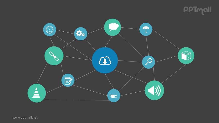 多组图标相互连接组成的关系网PPT模板图示下载