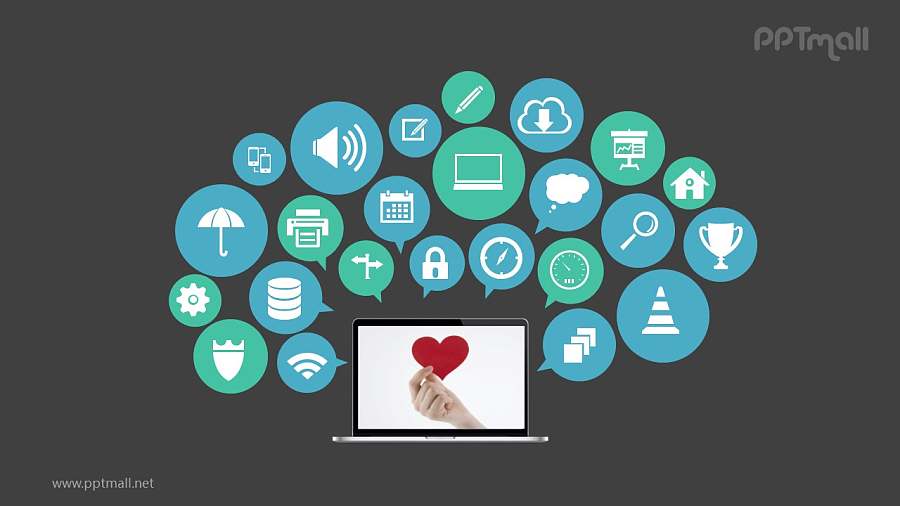 图标从笔记本电脑发散出来科技风PPT模板图示下载