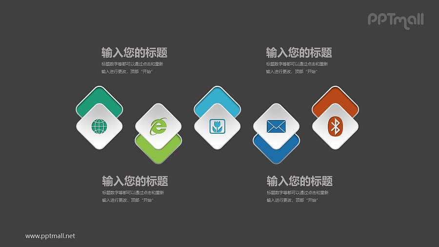 5个方块图标并列关系文本说明PPT模板图示下载