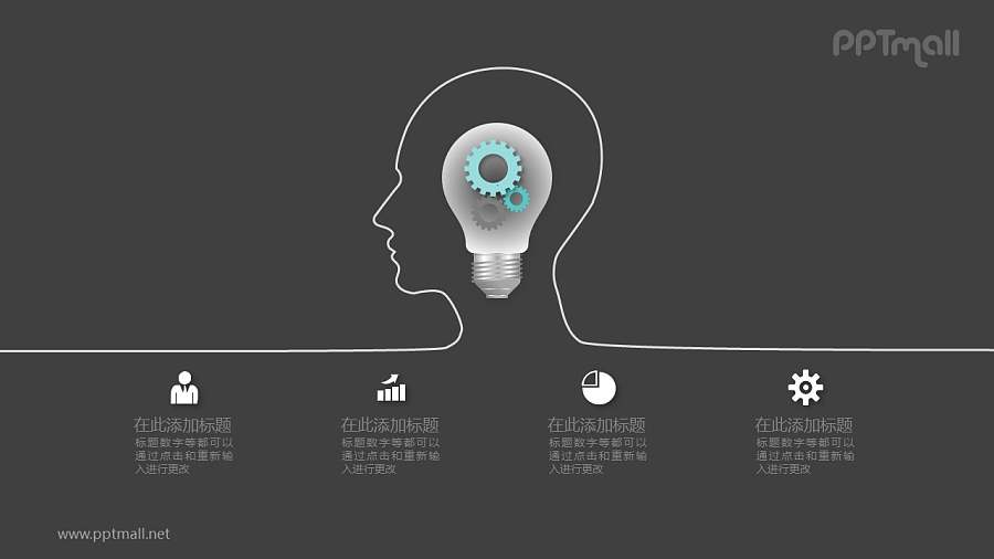 齿轮灯泡外部是人脑形状的线条PPT模板图示下载