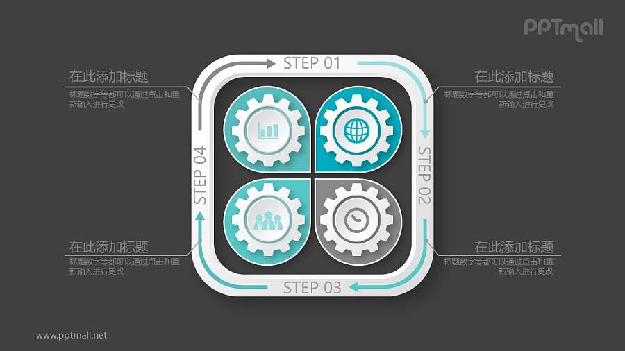 四个齿轮花瓣样式循环图PPT模板图示下载