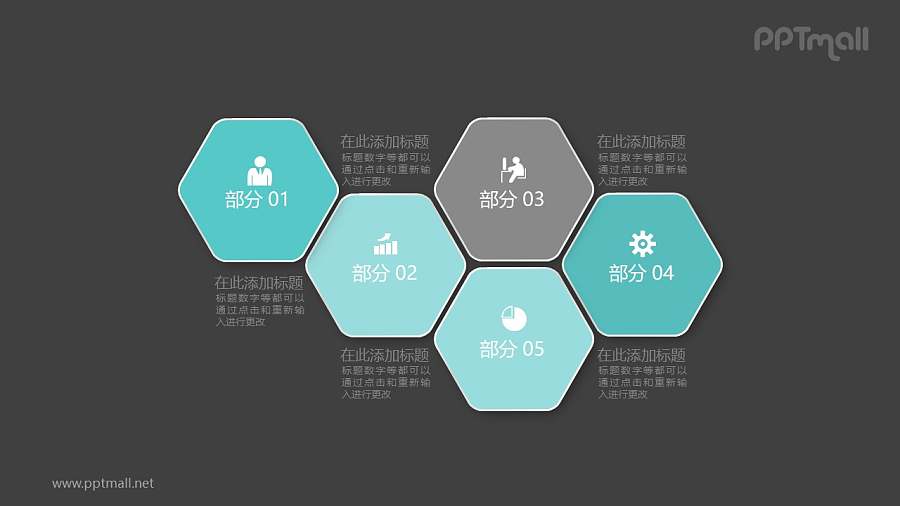 五个相互连接的六边形PPT模板图示下载