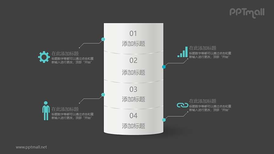 分为四部分的圆柱文本说明PPT模板图示下载