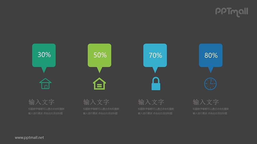 4个不同百分比的气泡框并列关系PPT模板图示下载