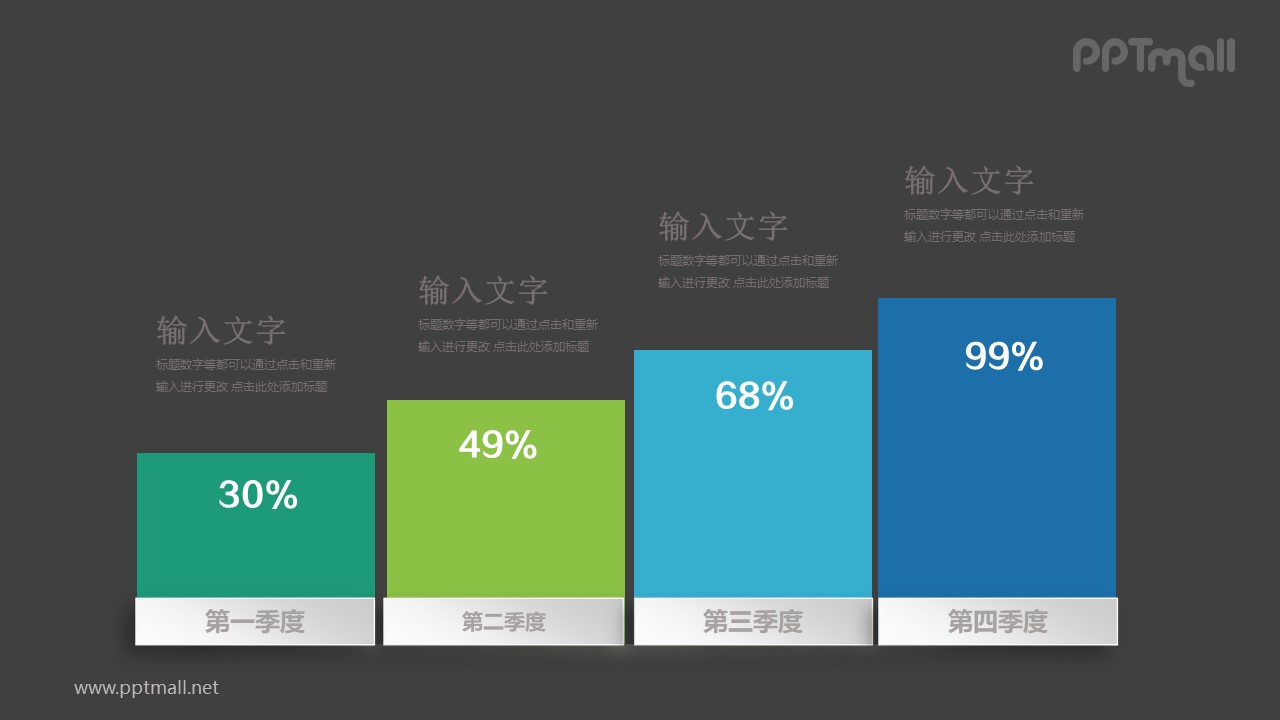 逐漸增長(zhǎng)的柱狀圖季度總結(jié)PPT模板圖示下載