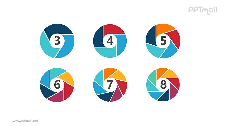 六个较厚体积彩色空心圆并列关系逻辑图