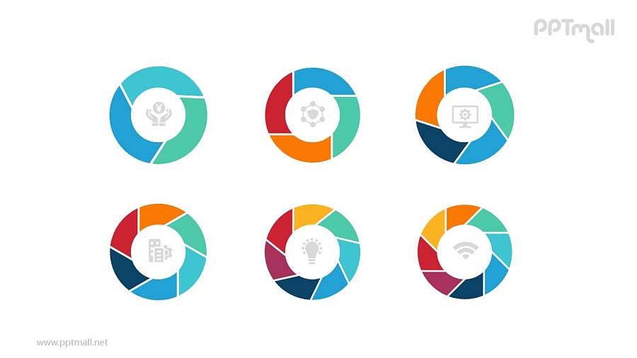 六个彩色的空心圆并列关系逻辑图