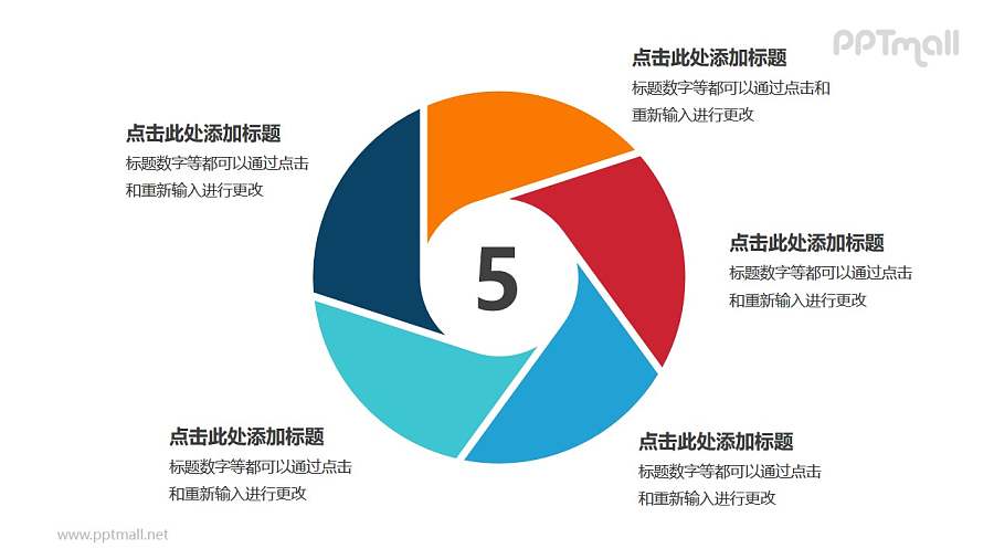 五部分彩色空心圆循环关系逻辑图