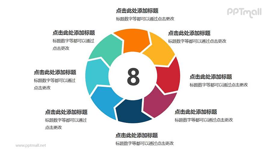 8个箭头组成的彩色空心圆循环关系逻辑图