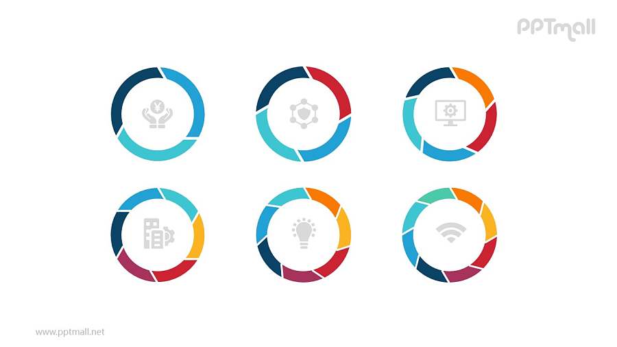 六个彩色空心圆并列关系逻辑图