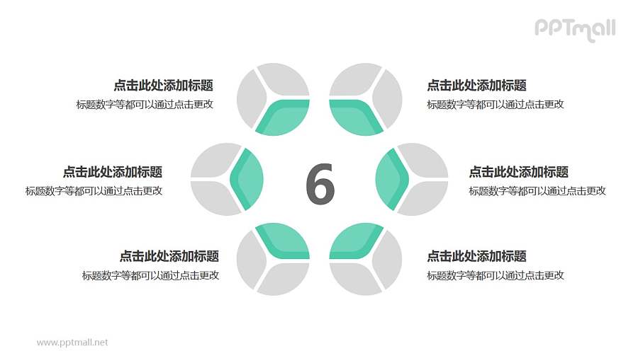 6个灰绿色饼图摆成的圆形并列关系逻辑图