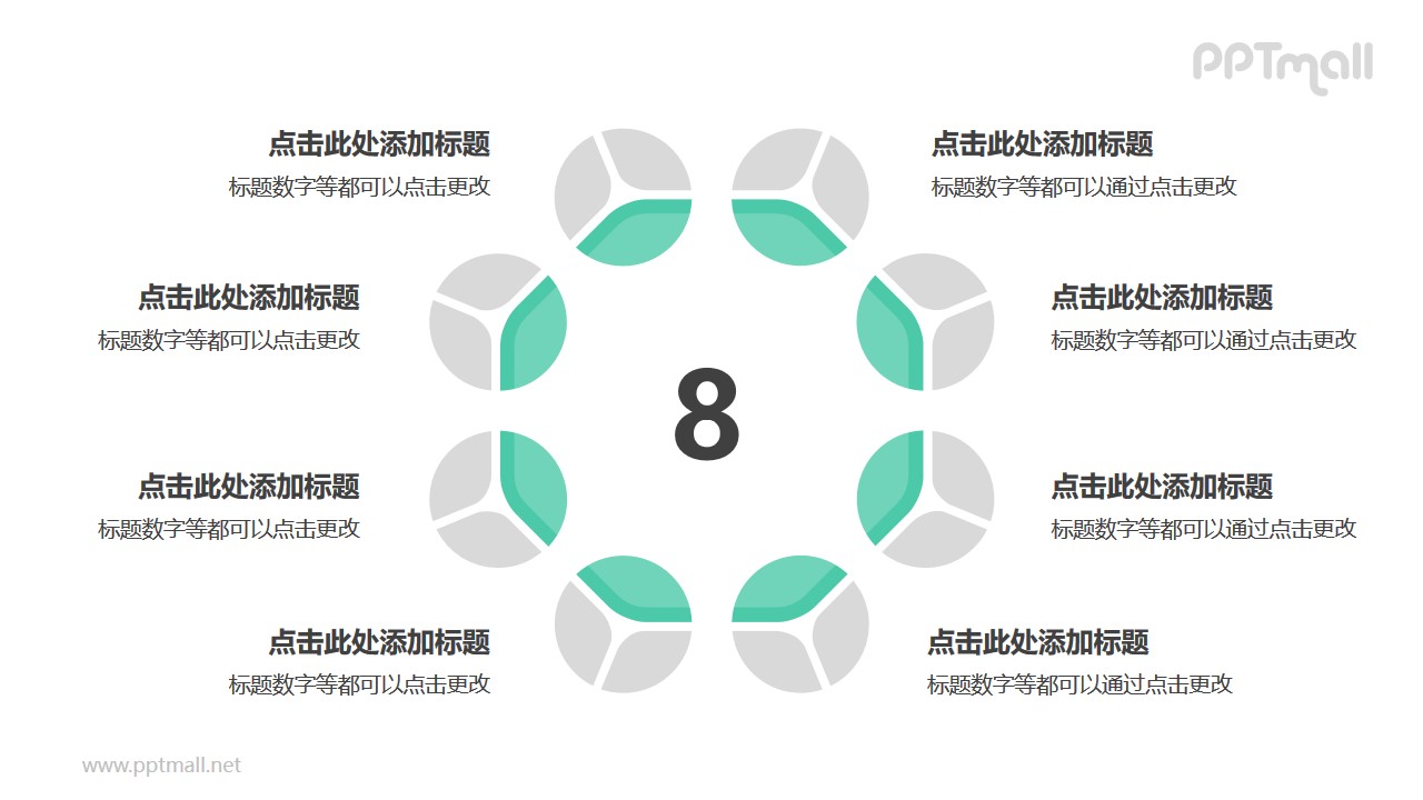 8个灰绿色饼图摆成的圆形并列关系逻辑图