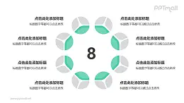 8个灰绿色饼图摆成的圆形并列关系逻辑图