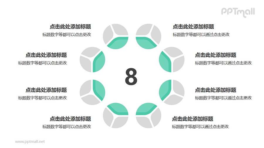 8个灰绿色饼图摆成的圆形并列关系逻辑图