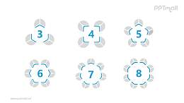 6个蓝灰色饼图并列关系逻辑图