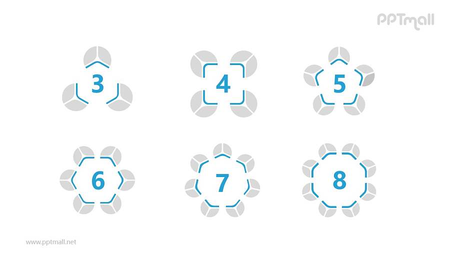 6个蓝灰色饼图并列关系逻辑图