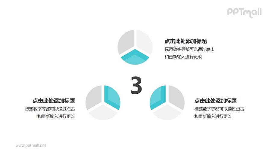 3个灰绿色饼图并列关系逻辑图PPT模板